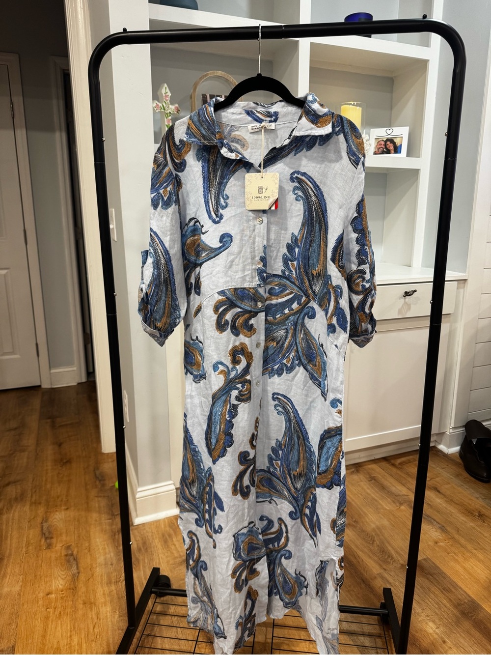 Light Blue Linen Maxi Dress with Blue and Gold Paisley Print